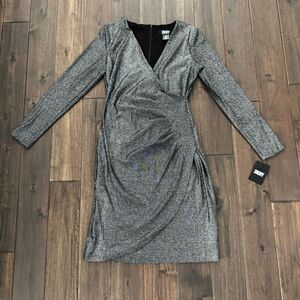 DKNY Silver Metallic Faux Wrap Cocktail Dress 8 NWT